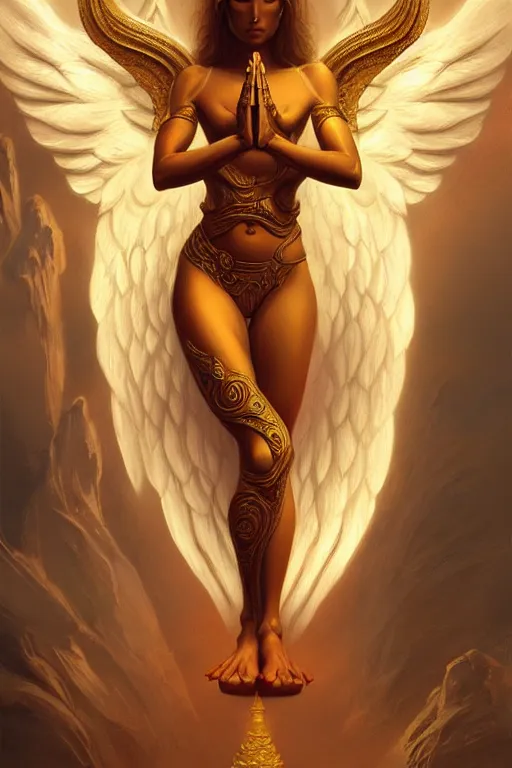 Image similar to angel doing yoga in temple, fantasy, intricate, elegant, highly detailed, digital painting, artstation, concept art, matte, sharp focus art by boris vallejo, smooth, sharp focus, illustration