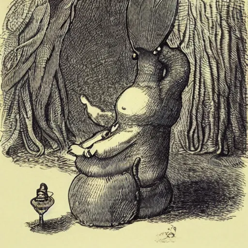 Prompt: A hookah smoking caterpillar + Alice In Wonderland + Absolem + Lewis Carol + by John Tenniel ::