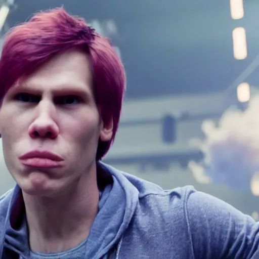 Image similar to Live Action Still of Jerma in Scott Pilgrim, real life, hyperrealistic, ultra realistic, realistic, highly detailed, epic, HD quality, 8k resolution, body and headshot, film still