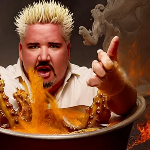 Image similar to guy fieri, turning into an eldritch horror with tentacles, bathing in a giant pan filled with boiling oil, film still from the movie directed by denis villeneuve with art direction by salvador dali
