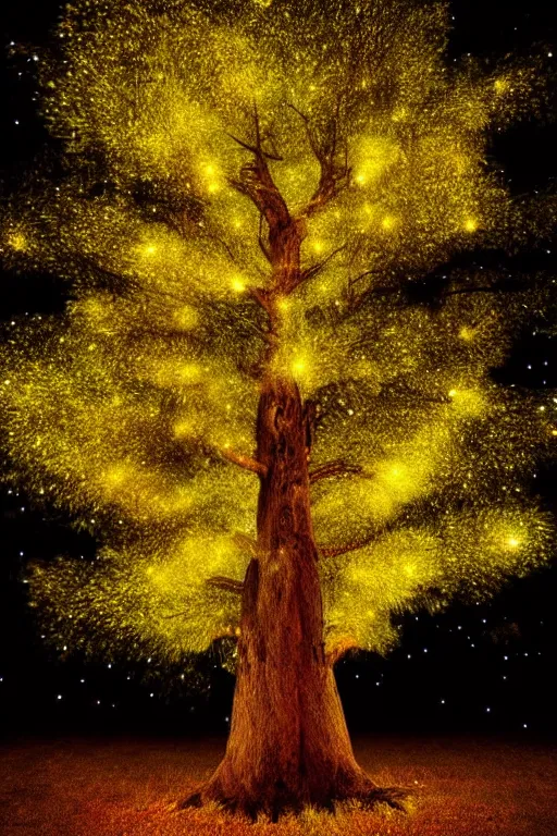 Image similar to magical tree filled with fireflies, nighttime, glowing, magical, cinematic