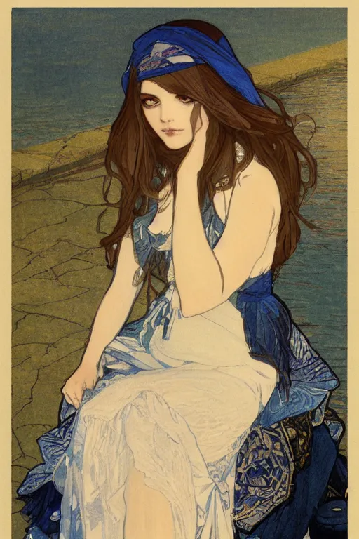 Image similar to A girl with long hair sitting by the river at night by mucha and Krenz Cushart ,gloomy,geometric shapes, hard edges,blue theme