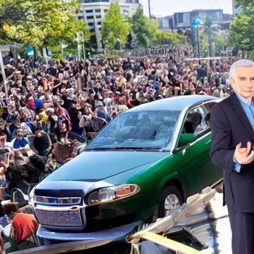 Prompt: ralph nader presidential campaign where he sets a bunch of cars on fire, green peace,