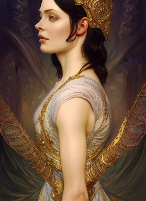 Image similar to arwen, surealism, aesthetic, shiny, fantasy, intricate, elegant, extremely higly detailed, digital painting, artstation, body symmetrical anatomy, baroque, concept art, photoshop, krita, smooth, sharp focus, full body focus, illustration, digital painting, art by artgerm and greg rutkowski and alphonse mucha