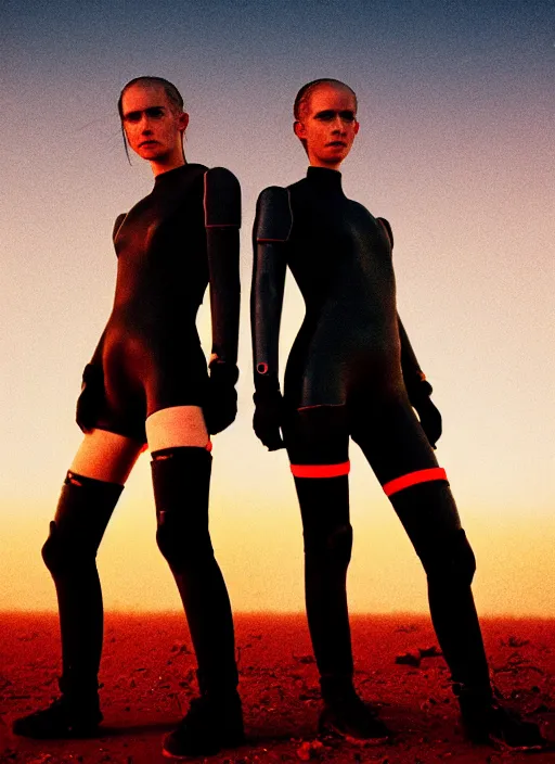 Image similar to cinestill 5 0 d photographic portrait of two scandalous loving female androids wearing rugged black techwear body suits on a desolate plain with a red sky, extreme closeup, cyberpunk style, garters, dust storm, 8 k, hd, high resolution, 3 5 mm, f / 3 2, ultra realistic faces, ex machina