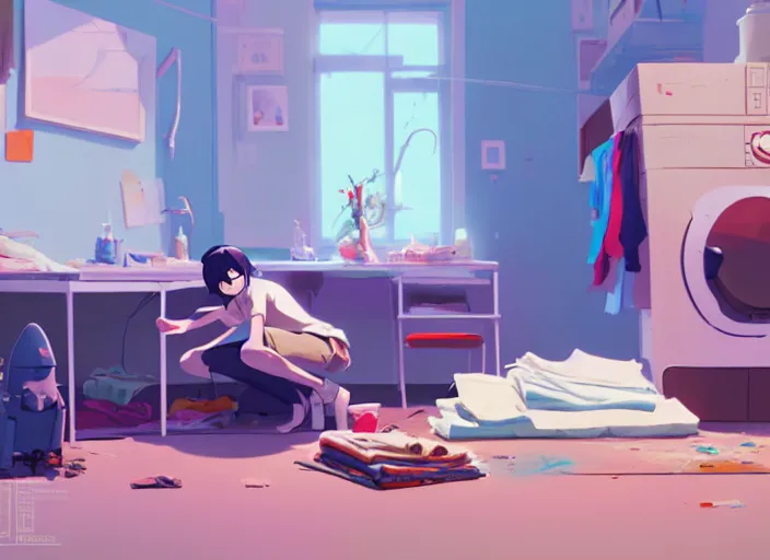 Image similar to an untidy room with laundry on the floor, detailed, by cory loftis, james gilleard, atey ghailan, makoto shinkai, goro fujita, studio ghibli, plain background