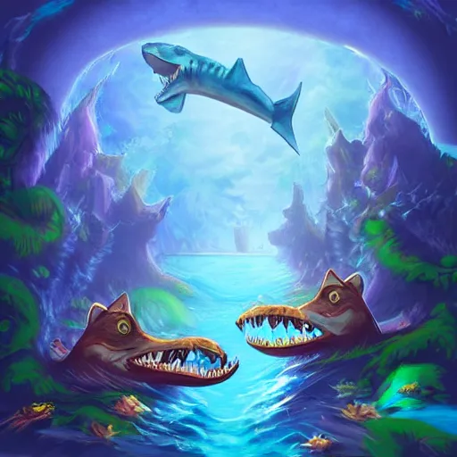 Prompt: 🦈 🐊 🐈 , fantasy digital art, magical background in the style of hearthstone artwork