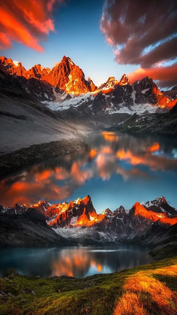 Image similar to amazing landscape photo of mountains with lake in sunset by marc adamus, beautiful dramatic lighting