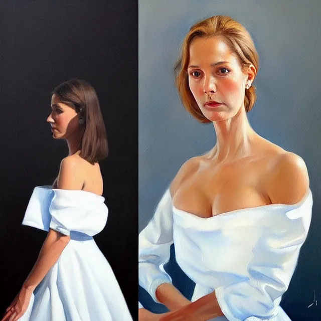 Prompt: a painting of a stunning woman in a white dress, a photorealistic painting by julio larraz, trending on cg society, figurative art, hyper realism, oil on canvas, detailed painting