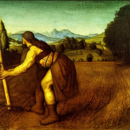 Image similar to Farmer tilling his field by Leonardo Da Vinci,