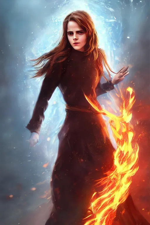 Prompt: a photo of Emma Watson using her superpower of fire, fantasy, intricate, young and cute girl, beautiful, highly detailed, digital painting, artstation, concept art, smooth, sharp focus, illustration