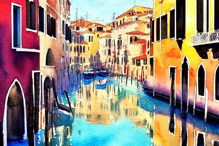 Image similar to !! watercolor!! venice in a sunny day, artwork by tooth wu, colorful contrast,!! very coherent!!, dark shadow, thick lineart