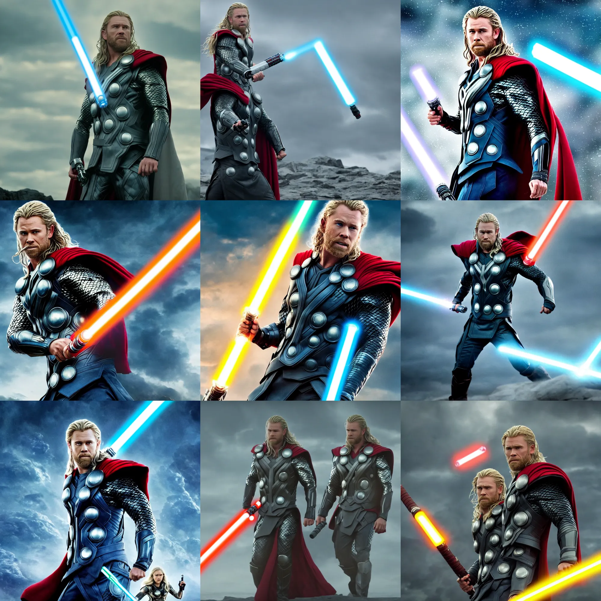 Prompt: extremely sharply detailed, from blockbuster 8 k sci fi color movie freeze frame, thor from marvel movies holding lightsaber, on alien planet, looking happy, atmospheric lighting, in focus, reflective eyes, 8 mm lens, live action, nice composition and photography, clear faces