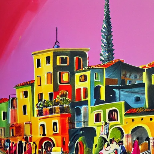 Prompt: a colour painting of La dolce vita.