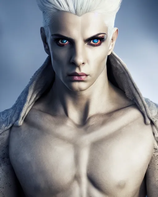 Prompt: perfect white haired egyptian male god, brute, nanosuit armor, beautiful, symmetric, dreamy, half african, black salamander eyes, charlize theron, detailed, scifi platform, laboratory, experiment, 4 k, ultra realistic, epic lighting, android body, illuminated, cinematic, masterpiece, art by akihito tsukushi, voidstar