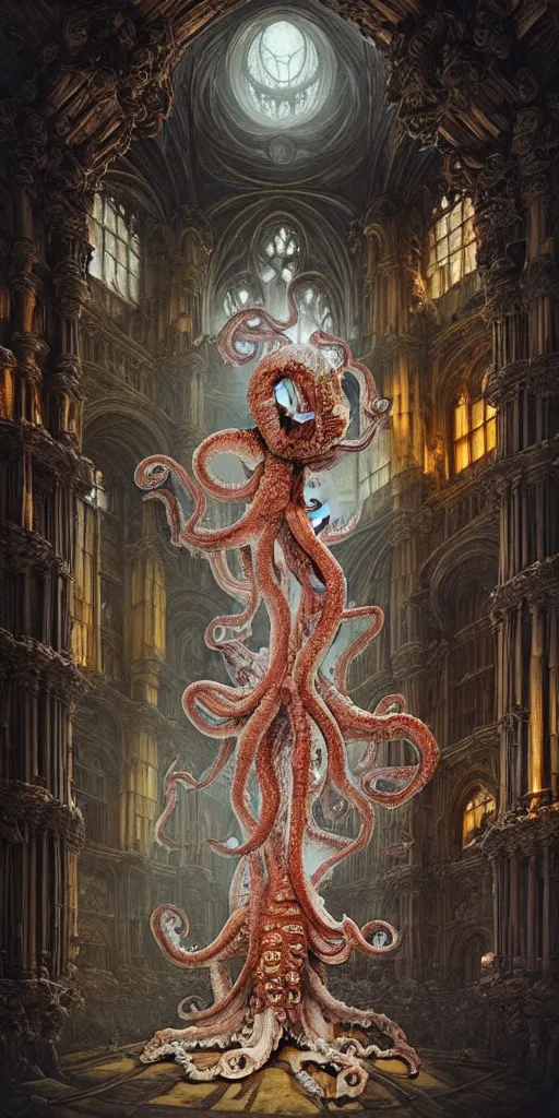 Image similar to group of mankind species mages with enormous translucent octopus heads floating around inside an ancient mage castle hall colossal scale, gothic and baroque, brutalist architecture, ultradetailed, intricate details by Ellen Jewett and Josan Gonzalez and Giuseppe Arcimboldo