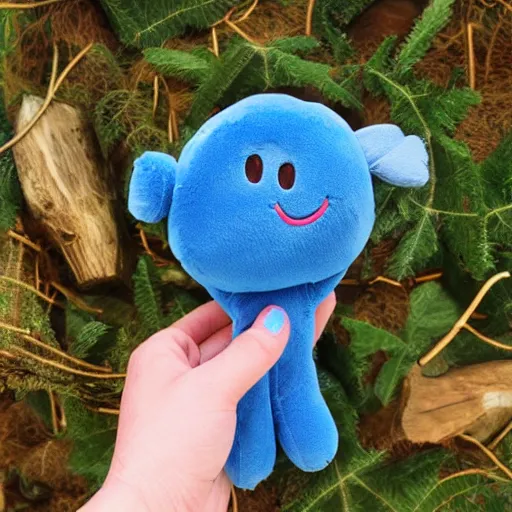 Image similar to blue'snappy gifts'logo plush doll with smiley face in magical forest, gifts, dark atmosphere, high detail, soft lighting, 8 k