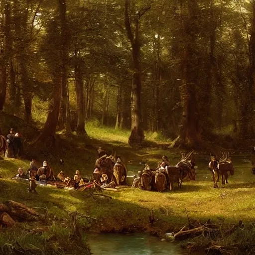 Image similar to a small group of medieval european knights are resting at a small clearing a dark wood along a small stream, highly detailed, digital painting, sharp focus, by alber bierstadt greg rutkowski