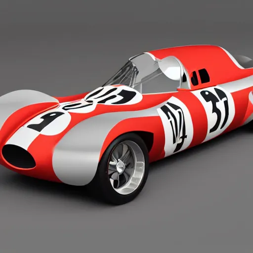 Prompt: 3D render of highely detailed 1960s racecar, dramatic lighting,