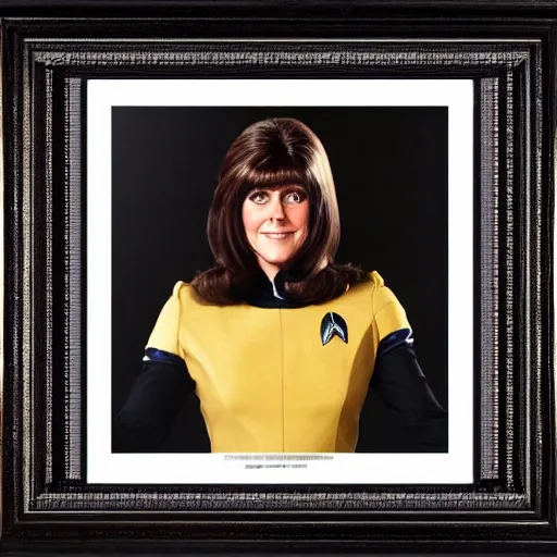 Image similar to a full body photograph of younger elisabeth sladen as a star fleet science officer from star trek next generation, full dress uniform, symmetrical face, extreme realism and detail, 8 k, completely framed, direct lighting, 3 5 mm photo, photorealistic, sharp focus