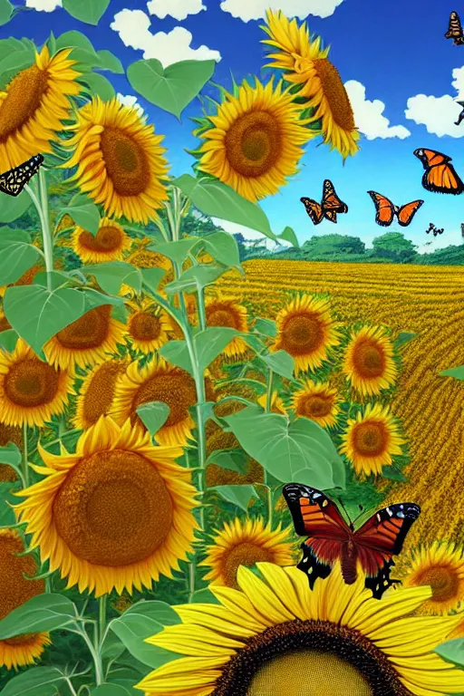 Prompt: butterflies in the foreground, sunflowers in the background, closeup view, scenery wallpaper aesthetic, beautiful, cinematic, dramatic, super detailed and intricate, hyper realistic, 4 k render, by satoshi kon, by darwyn cooke, by kentaro miura, by koson ohara,