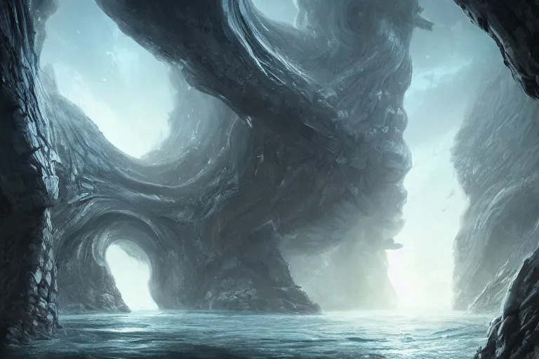 Image similar to Scylla and Charybdis, by Jessica Rossier and HR Giger cinematic concept painting