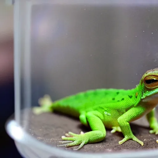 Image similar to mark zuckerberg / gecko sitting inside a terrarium