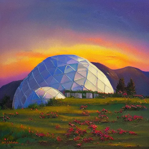 Prompt: several dreamy geodesic domes in a beautiful alpine environment at sunset, expressive oil painting