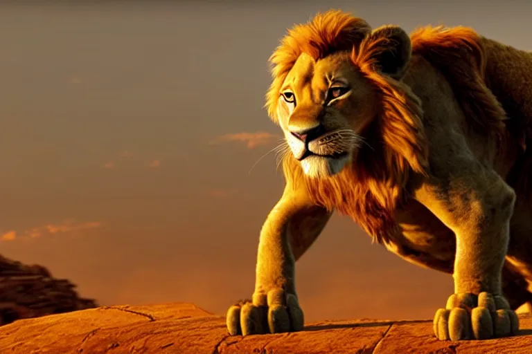 Image similar to simba ( from the lion king ), heavily armed and armored facing down armageddon in a dark and gritty version from the makers of mad max : fury road : witness me