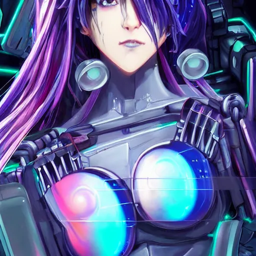 Image similar to A beautiful painting of a cyberpunk anime girl with purple hair and an a huge robot arm sensual stare, augmentations and cybernetic enhancements neon circuits, by Stanley Artgerm Lau, WLOP, Rossdraws, James Jean, Andrei Riabovitchev, Marc Simonetti, and Sakimichan, trending on artstation, hyperrealist, cinema4D, 8k highly detailed ❤️‍🔥 🔥 💀 🤖 🚀