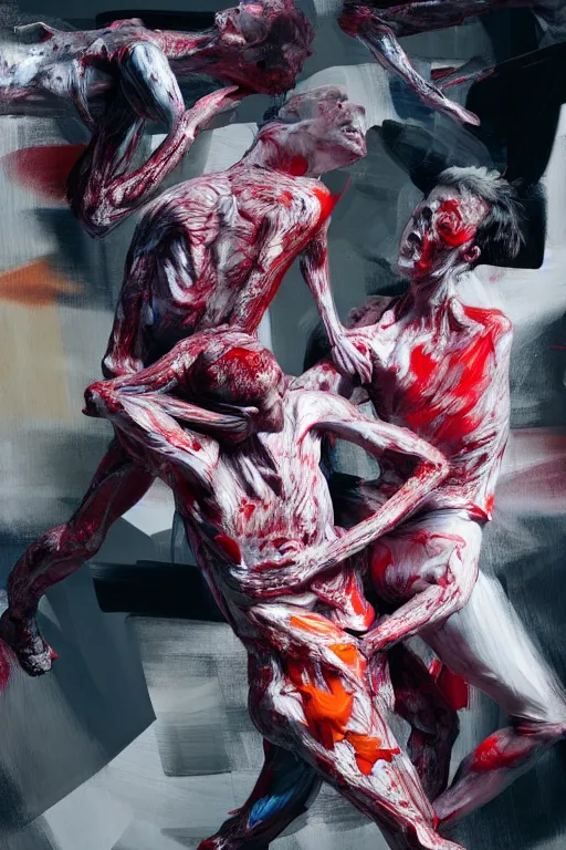 Prompt: bodies entwined in a fight, extremely intricate and detailed, by painted by francis bacon, adrian ghenie, and james jean. 8 k cinematic lighting, hyper realism