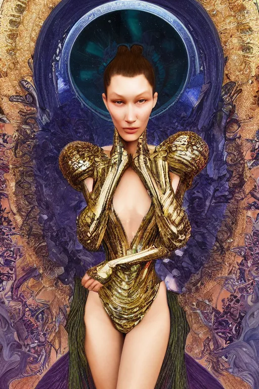 Image similar to a highly detailed painting of a beautiful alien goddess bella hadid in iris van herpen dress schiaparelli in diamonds in style of alphonse mucha art nuvo trending on artstation made in unreal engine 5