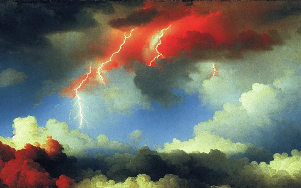 Prompt: lightning strikes a close up of a dark cloud with a cloudy sky blue and red and green colors high detailed by aivazovsky