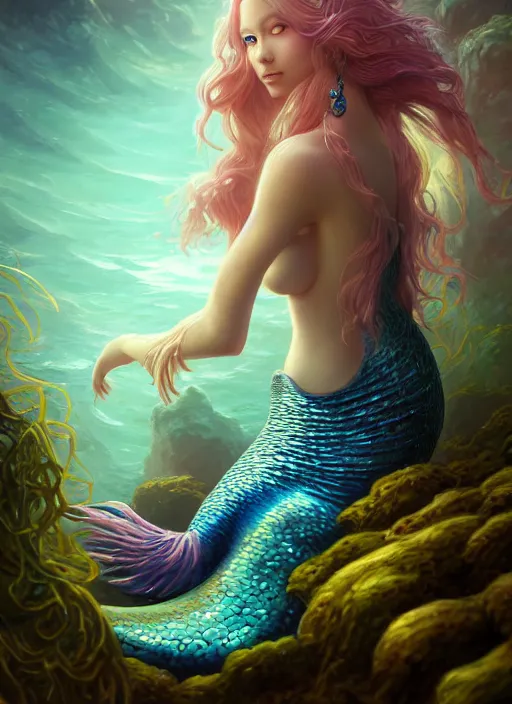 Image similar to highly detailed full body portrait of beautiful mermaid fantasy art by finnstark, wonbin lee, lane brown, z ed, wenfei ye, finnstark, oleg bulakh, felix englund, global illumination, full body, radiant light, detailed and intricate environment