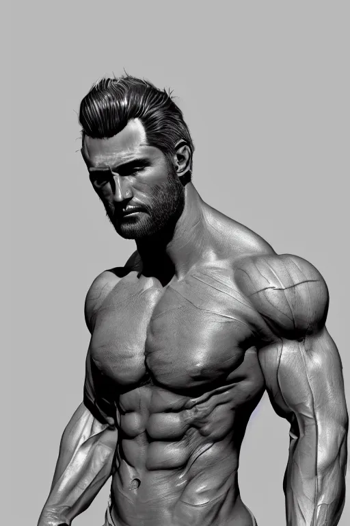 Image similar to the ultimate gigachad, incredibly muscular man with chiseled jawline, black hair, green eyes, trending on artstation, artstationHD, artstationHQ, 4k, 8k