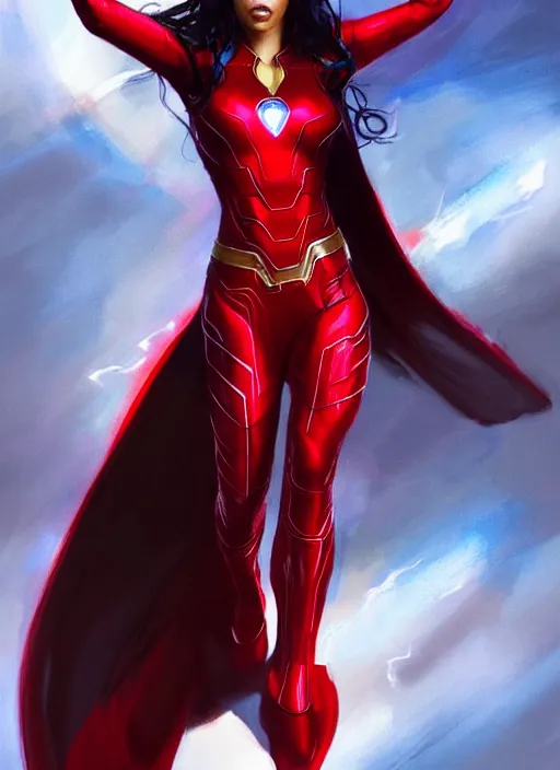 Image similar to full body portrait of marvel cinematic universe aaliyah haughton, red eyes, scarlet witch, elegant, avengers, super hero, red outfit, highly detailed!! digital painting, artstation, glamor pose, concept art, sharp focus, illustration, art by artgerm and greg rutkowski, artey freytag