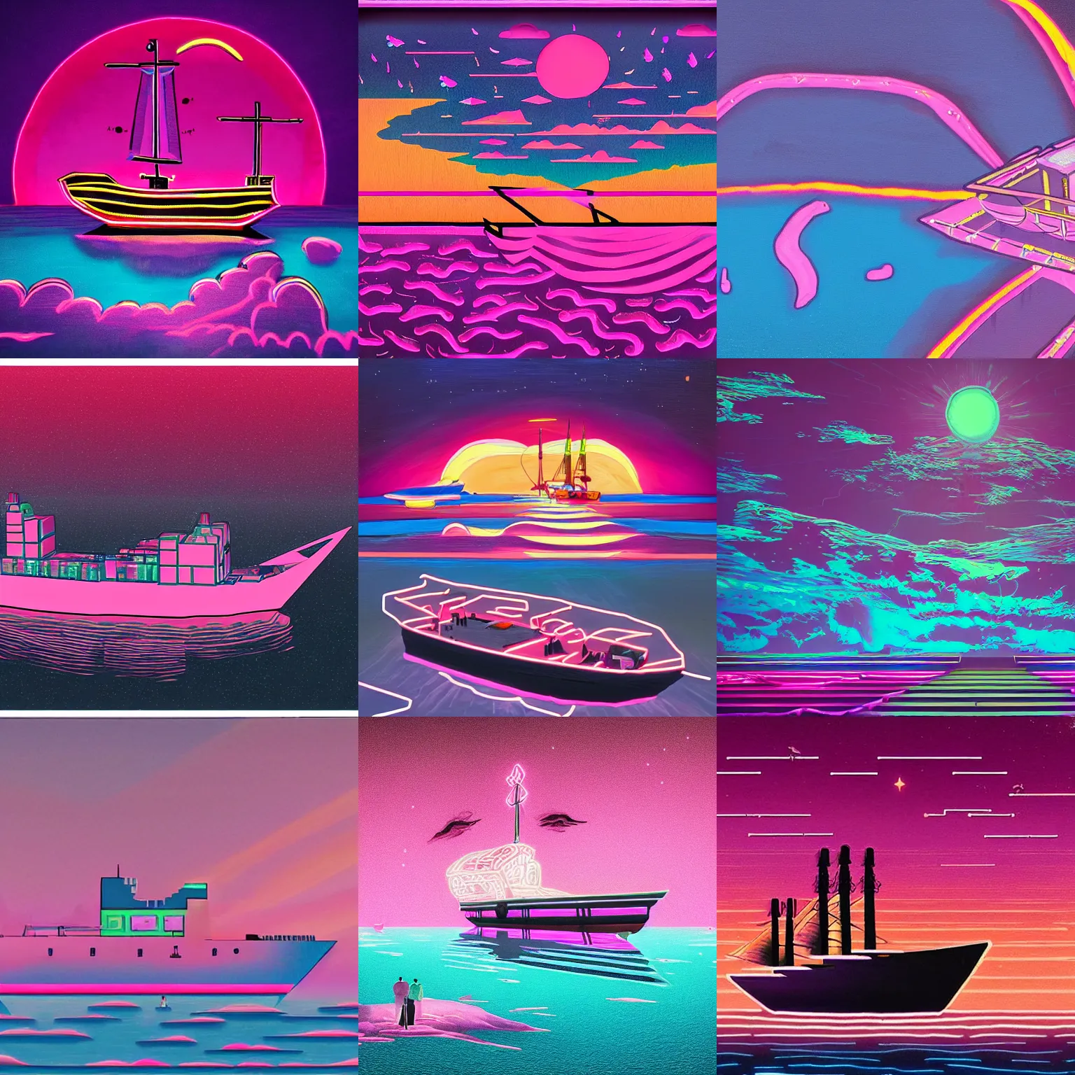 Prompt: unrealengine / one pink metal ship on the floating sea of small islands in the center of the painting, / eight humans wearing kimonos are dancing on the ship / neon - lit ships shine in the dark sea / a ray of divine neon light illuminates the ship from heaven