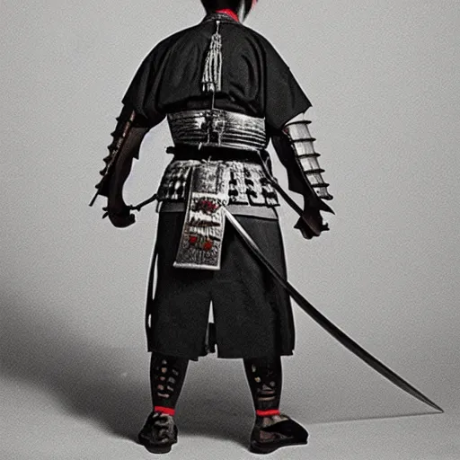 Image similar to A FULL BODY PORTRAIT FROM BEHIND OF A SAMURAI WITH A KATANA AND A CHAIN