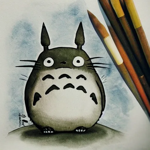 Image similar to “totoro surrounded by bamboo, ink wash painting”