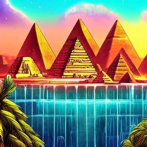 Image similar to old egyptian structures with waterfalls, epic retrowave art, trending on art station