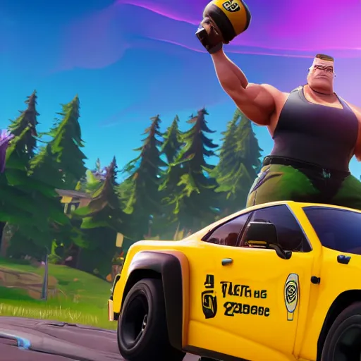 Image similar to fat john cena driving a car with really big tires, fortnite screenshot. 8k, 4k.