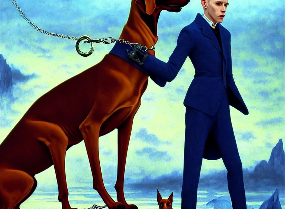 Image similar to realistic detailed portrait movie shot of an elegant blond male vampire with a doberman on a leash, sci fi landscape background by denis villeneuve, amano, yves tanguy, alphonse mucha, max ernst, caravaggio, roger dean, masterpiece, rich moody colours, dog teeth, blue eyes