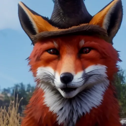 Image similar to Film still of anthropomorphic fox, from Red Dead Redemption 2 (2018 video game)