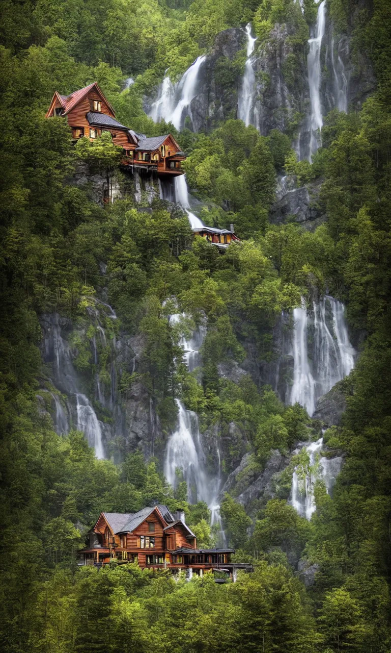 Image similar to beautiful large scandinavian house in the forest on a hill, a large waterfall flows down from the mountain in the background, vector art, fabulous, random cinematic view, no noise, global illumination, warm lighting, volumetric, by jordan grimmer