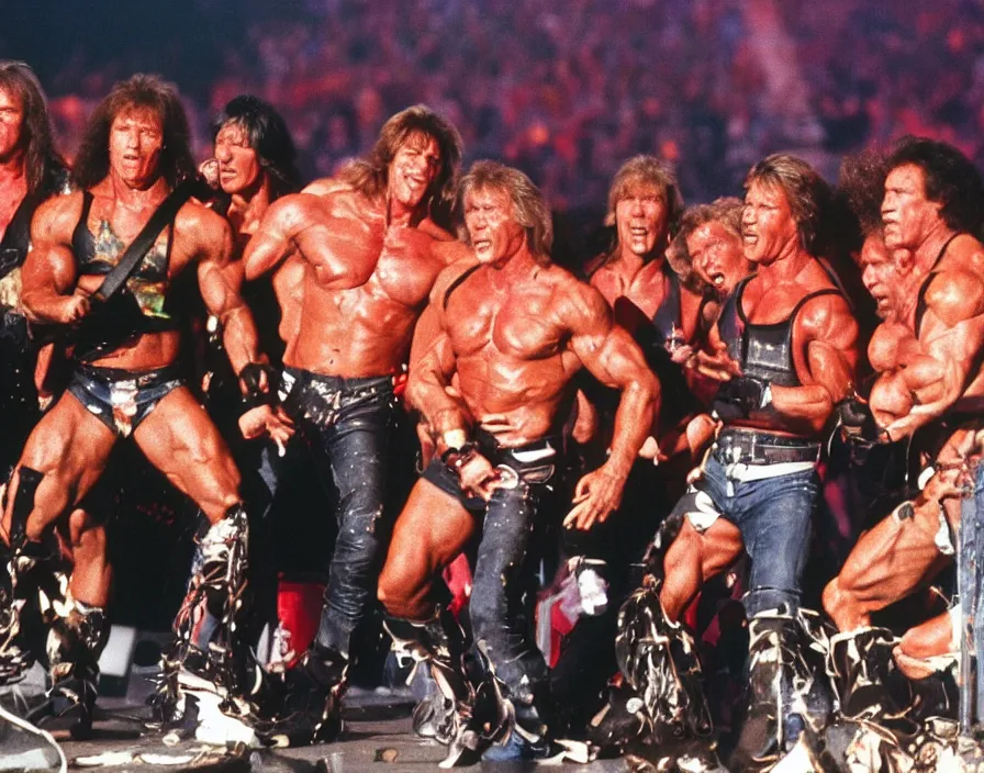 Image similar to colour photo off arnold schwarzenegger, sylvester stallone, dolph lundgren, Chuck Norris and Jean-Claude Van Damme in a heavy metal band, playing guitars, drums, on stage at monsters of rock 1985, pyrotechnics, vivid colors, daylight, photo real, Eastman EXR 50D 5245/7245, close-up action first-person perspective