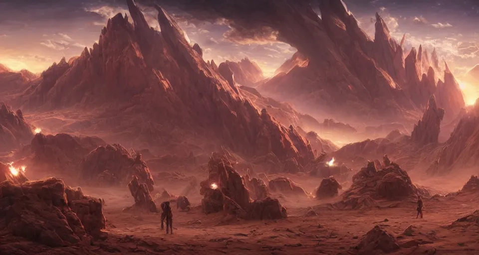 Image similar to realistic landscape beautiful detailed 3 d painting of cinematic movie scene, voltes v build up in sahara dessert. action sequence, created by gustave dore and greg rutkowski, high detailed, smooth draw, synthwave neon retrofuturism, intricate, realistic proportions, dramatic lighting, trending on artstation.