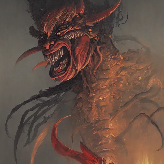 Prompt: a painting of a japanese demon by johfra bosschart and greg rutkowski, dark fantasy art, high detail, trending on artstation