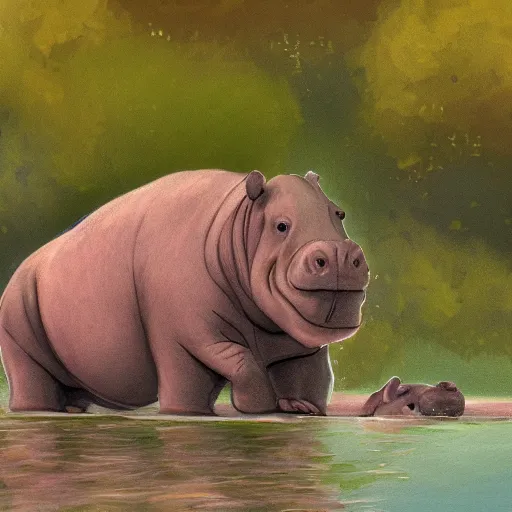 Image similar to sad hippo waking up in a beautiful river landscape, drawn by brigette barager, trending on artstation