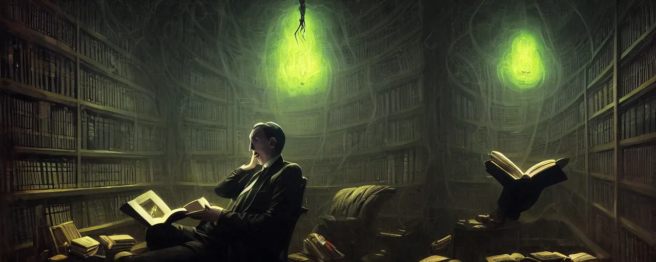 Prompt: duotone dark concept illustration 3 / 4 portrait of hp lovecraft reading necronomicon in library. cinematic ghastly lighting. golden ratio accidental renaissance. by sachin teng and sergey kolesov and ruan jia and heng z. graffiti art, scifi, fantasy, hyper detailed. octane render. concept art. trending on artstation