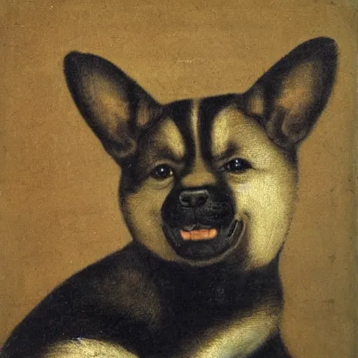 Image similar to Dutch oil painting from the 1600s, Shiba Inu smiling
